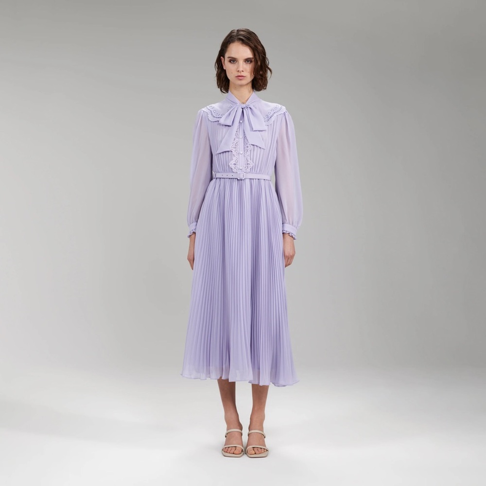 Self Portrait - Lilac Broderie Collar Chiffon Midi Dress